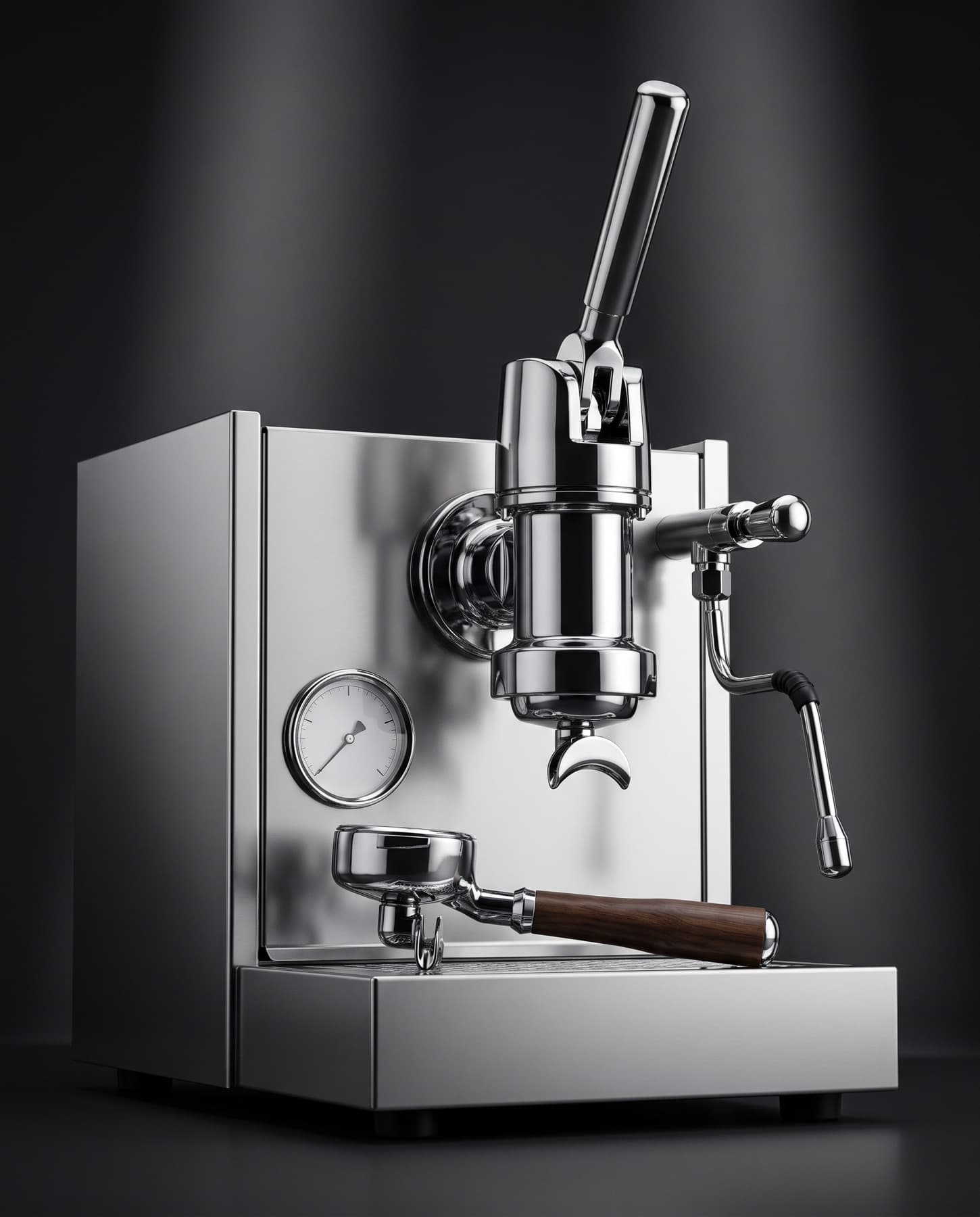 Machine à porte-filtre en inox poli, groupe E61 chromé, manomètre à cadran blanc et porte-filtre à manche en noyer